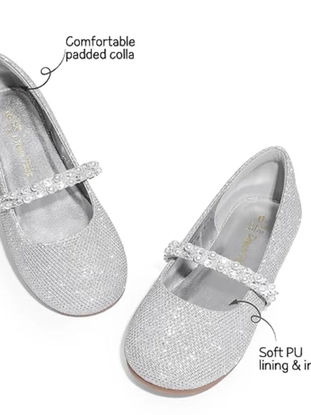 NIB DREAM PAIRS Girls Silver Glitter Pearl Mary Jane Flats